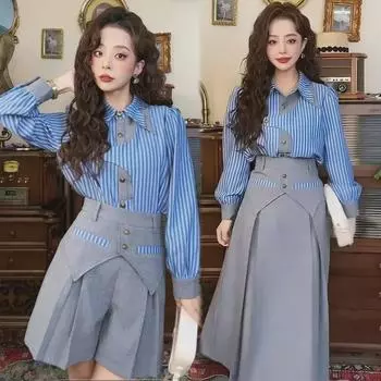 Весенний комплект из полосатой рубашки в стиле ретро в стиле Гонконга и узких шорт с высокой талией 2024 года Shorts Only (Premium Version)