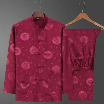 Весенний комплект одежды для пожилых людей среднего возраста Тан, мужская атласная рубашка с длинными рукавами в стиле дракона и кунг-фу в китайском стиле больших размеров для тренировок 190cm белый