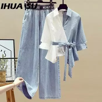 Весенний комплект одежды для женщин больших размеров IHUASU, пара поддельных рубашек-двойок и утягивающие джинсы S