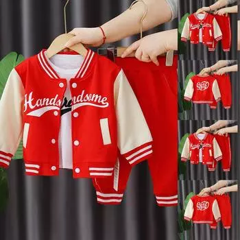 Весенний костюм для мальчиков с длинным рукавом и принтом букв, повседневный модный костюм-тройка 100 красный