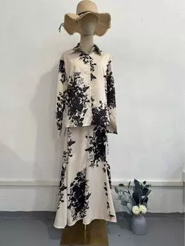 Весенний костюм с юбкой и принтом из атласа 2024 года XL