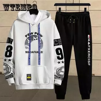 Весенний костюм-свитер с принтом кота, мужской спортивный костюм, пуловер с капюшоном, студенческая спортивная одежда, повседневная свободная одежда XXXXL синий