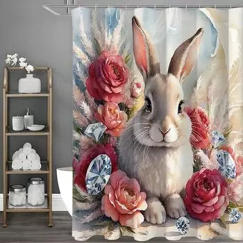 Весенний кролик красный цветочный занавеска для душа, декоративная занавеска для душа для ванной комнаты, водонепроницаемая занавеска для душа с крючками 90*180cm