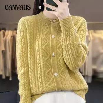 Весенний круглый вырез жакет с закруткой длинный рукав воротник стойка однотонный вязаный кардиган One Size жёлтый