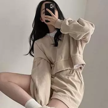 Весенний ленивый стиль V-образный вырез свободный длинный рукав свитер свитер с высокой талией широкие шорты спортивный костюм для женщин One size