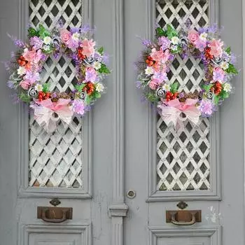 Весенний летний венок для входной двери, полевые цветы, лавандовые цветы, розовый, фиолетовый венок для внутреннего и наружного оформления деревенского фермерского дома, свадебный венок разноцветный