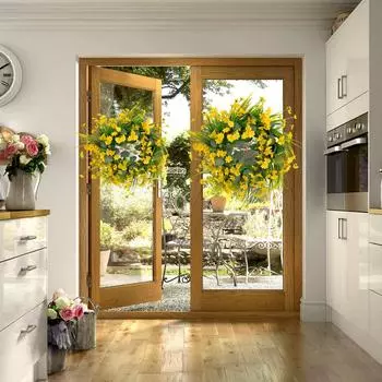 Весенний летний венок из желтых ромашек 45 см искусственный шелковый цветочный венок с зелеными листьями эвкалипта для украшения оконной стены, свадьбы, фермерского дома, фестиваля