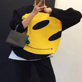 Весенний лоскутный свитер 2022, зимний толстый свободный свитер большого размера, универсальная милая уличная одежда 2020, зимний трикотаж One Size чёрный