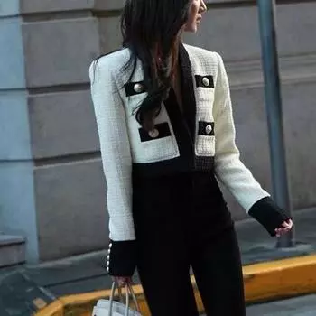 Весенний маленький ароматный твидовый пиджак, женский пиджак, пальто, короткое пальто на пуговицах с длинными рукавами, осеннее повседневное женское офисное пальто S