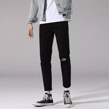 Весенний модный бренд, черные эластичные джинсы для мужчин, корейская версия, облегающие мужские повседневные брюки с перфорированными однотонными брюками на ногах, мужская мода 34