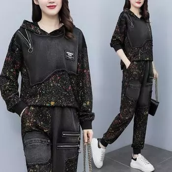 Весенний модный джинсовый костюм женский сшитый джинсовый с капюшоном и длинными рукавами из двух частей свободный принтованный женский костюм больших размеров XXXXL чёрный