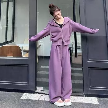 Весенний модный костюм из двух частей, повседневный спортивный костюм, широкие брюки, свитер с капюшоном, куртка L зелёный