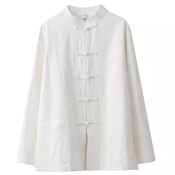 Весенний мужской льняной хлопковый пиджак с длинными рукавами, повседневный однотонный костюм в стиле Тан, свободная рубашка с воротником-стойкой XL белый