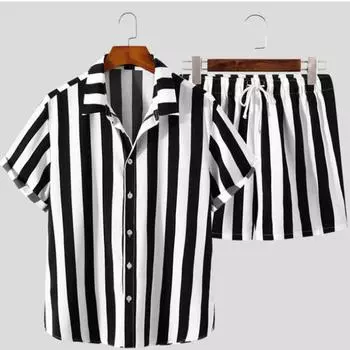 Весенний мужской модный костюм в полоску, одежда, рубашки с короткими рукавами и длинные брюки, праздничные повседневные свободные костюмы S-5XL