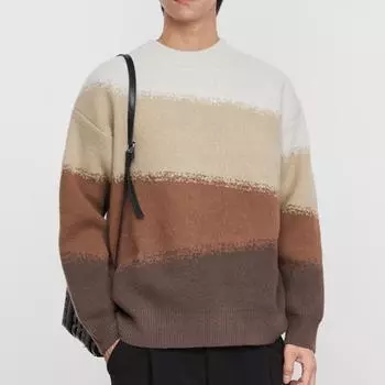 Весенний мужской новый свободный градиентный контрастный цветной вязаный свитер с круглым вырезом S коричневый