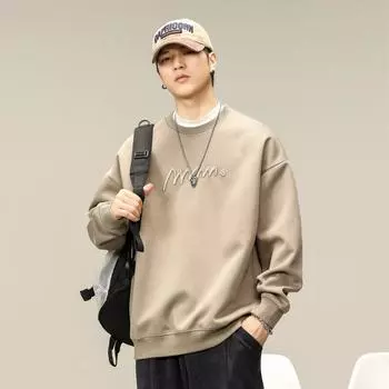 Весенний мужской свитер с круглым вырезом и вышивкой, свободное однотонное парное пальто для мальчиков на весну и осень, повседневное пальто с длинным рукавом M хаки