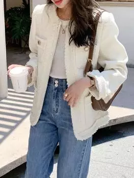 Весенний новый большой размер fat mm белый маленький ароматный твидовый тонкий пальто женственный светский повседневный топ M [ (80-50kg) ]