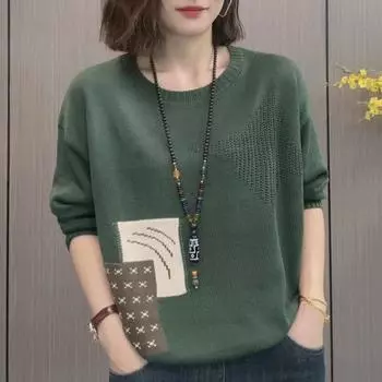 Весенний новый большой размер круглый вырез контрастного цвета вязаный свитер женский осенне-зимний жаккардовый ретро свитер свободный и тонкий верх M 90-50 kg темно-коричневого