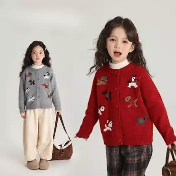 Весенний новый детский милый универсальный вязаный кардиган с рисунком животных 100cm красный