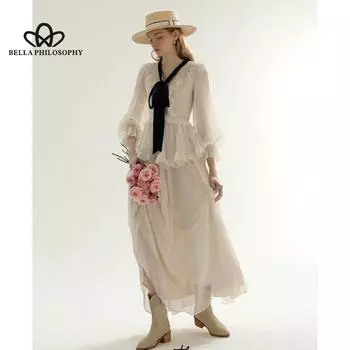 Весенний новый французский дизайн, нежное платье с длинными рукавами и рюшами, элегантное повседневное платье для похудения, талии S бежевый