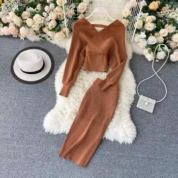 Весенний новый модный костюм в иностранном стиле с v-образным вырезом и рукавами «летучая мышь», вязаный свитер, женская юбка с высокой талией и запахом, комплект из двух предметов One Size чёрный