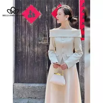 Весенний новый модный темпераментный костюм с открытыми плечами, однотонный однотонный костюм с открытыми плечами и длинными рукавами, простой повседневный костюм в стиле ретро S бежевый