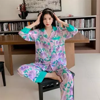 Весенний новый пижамный комплект с французскими лацканами, атласная пижама, женская домашняя одежда с принтом, нижнее белье, пижама M