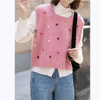 Весенний новый сладкий и свежий вязаный жилет-свитер радужные бобы фруктозы трехмерный жилет с квадратным вырезом one size fits all розовый