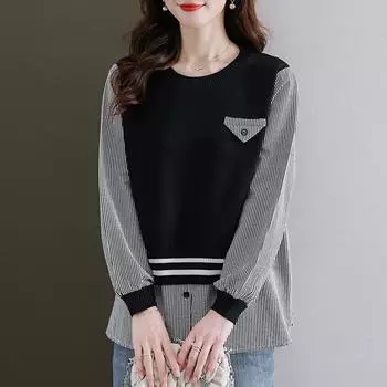 Весенний новый стиль слегка толстого Mm Design и поддельный двухсекционный полосатый свитер, который сделает вас стройнее, топ с круглым вырезом и длинными рукавами M