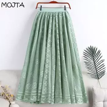 Весенний новый стиль, женская кружевная вязанная крючком высокая талия, полые средней длины, большая распашная юбка-зонтик трапециевидной формы, длинная юбка one size белый