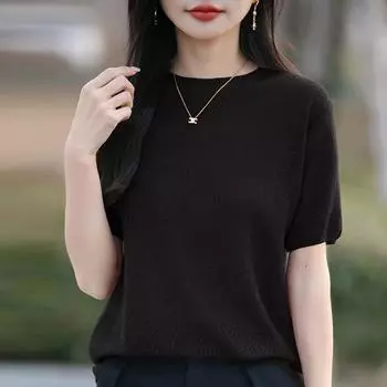 Весенний новый тонкий шерстяной ажурный трикотажный топ с короткими рукавами L чёрный