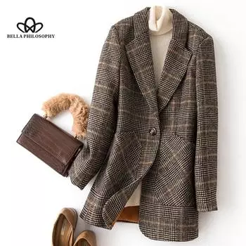 Весенний новый женский клетчатый пиджак, женский тонкий повседневный короткий пиджак больших размеров, однобортное пальто S кофейный
