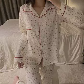 Весенний новый женский пижамный комплект с принтом медведя и вишни, креповый хлопковый марлевый воротник, брюки с длинными рукавами, домашняя одежда M