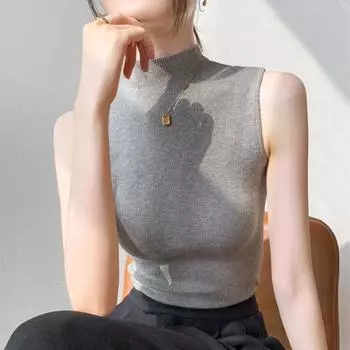 Весенний новый женский жилет без рукавов с полувысоким воротом, облегающий, внутренний трикотажный жилет One Size чёрный