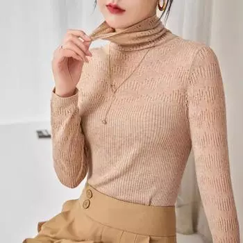 Весенний облегающий вязаный свитер - легкая шерсть, длинный рукав с ажурным воротником 120 бежевый/верблюд