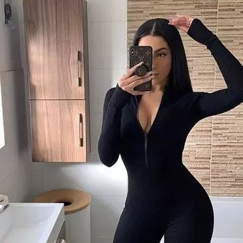 Весенний однотонный комбинезон в европейском и американском стиле с круглым вырезом, застежкой-молнией и длинными рукавами, облегающий крой S серый