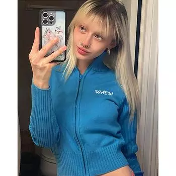 Весенний однотонный вязаный топ для женщин, повседневные женские тонкие шикарные топы на молнии с открытым стежком и полувысоким воротником L синий