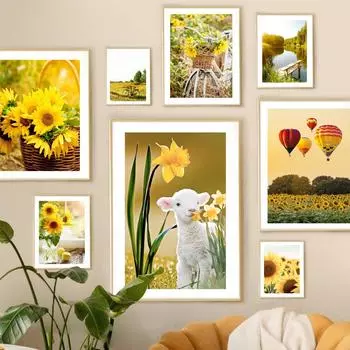 Весенний Подсолнух Идиллический Озерный Пейзаж Плакаты И Принты Холст Картина Скандинавское Настенное Искусство Картины Для Гостиной Домашний Декор 21X30cm No Frame