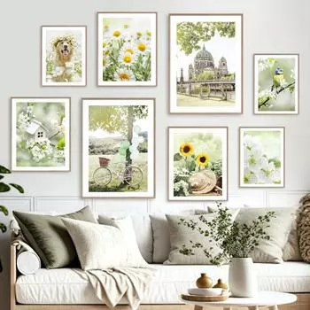 Весенний подсолнух Сакура, ветряная мельница, фермерский дом, церковь, зеленый пейзаж, постеры, настенная живопись на холсте для гостиной, домашний декор 21X30cm No Frame