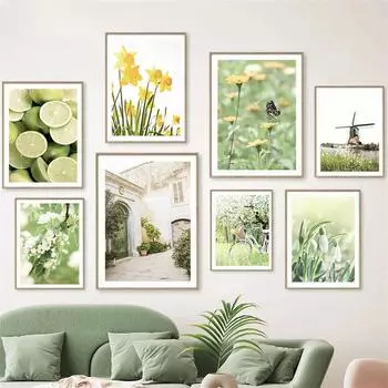 Весенний подсолнух, ветряная мельница, фермерский дом, сельское растение, цветок, настенная живопись на холсте, желтый постер, идеальный декор для гостиной 21x30cm No Framed