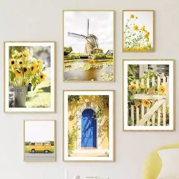 Весенний подсолнух, ветряная мельница, фермерский дом, сельское растение, цветок, настенная живопись на холсте, желтый постер, идеально подходит для гостиной 21x30cm No Framed