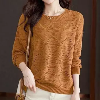 Весенний полый длинный рукав трикотажный женский топ весна и осень базовая рубашка свободная весенняя тонкая базовая рубашка S жёлтый