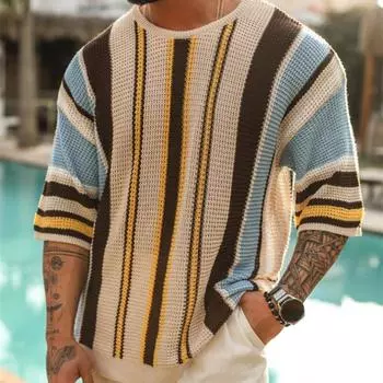 Весенний повседневный свитер свободного кроя, стильный мужской вязаный свитер с полосатым принтом, свободный крой, рукав до локтя, эластичный для лета S синий/белый