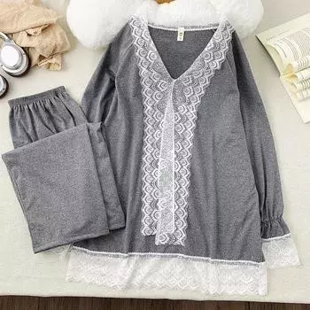 Весенний повседневный женский пижамный комплект с V-образным вырезом и большим размером, кружевной однотонный дизайн, корейский милый пижамный комплект большого размера XL