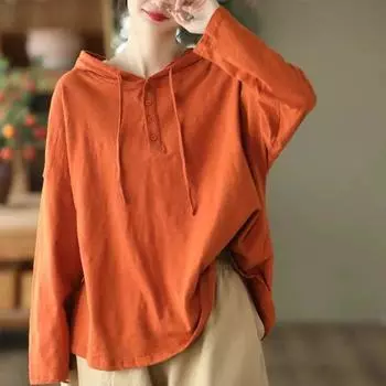 Весенний ретро-пуловер с капюшоном, универсальный однотонный свитер, женский свободный повседневный топ с длинными рукавами M