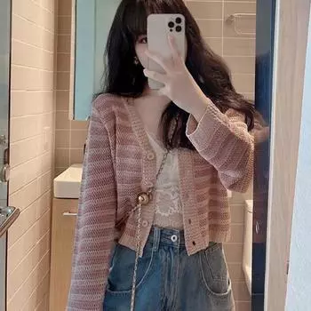Весенний розовый вязаный кардиган с v-образным вырезом в полоску, женский весенне-осенний дизайн, нежный свитер, пальто, короткий свитер, женский топ One Size розовый