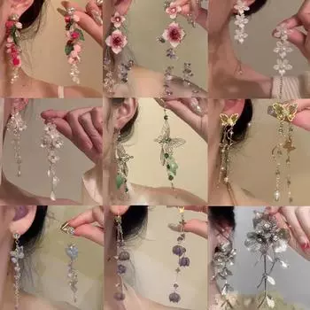 Весенний сад~Серьги-кисточки в виде бабочек, длинные серьги в виде женских лесных цветов, изысканные серьги с супер-сказочным темпераментом