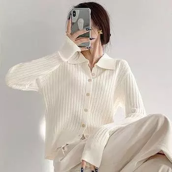 Весенний шерстяной кардиган с воротником поло, женский полосатый вязаный свитер, короткий стиль S