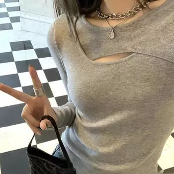 Весенний шик, маленькая ажурная трикотажная рубашка с аккуратной машинной вязкой снизу, тонкий свитер с длинными рукавами S серый