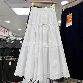 Весенний сладкий и прохладный стиль, новый тяжелый вышитый кружевной сращиваемый с высокой талией юбка А-образного силуэта длинная юбка юбка-зонтик one size fits all белый